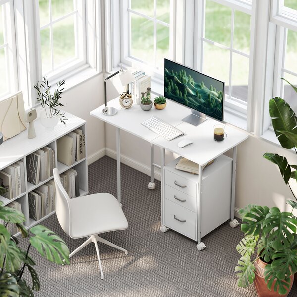 HOMCOM Scrivania per computer pieghevole su ruote, scrivania con ripiani, 3 cassetti, piano estensibile, 105x51x75,5cm, bianco | Aosom Italy