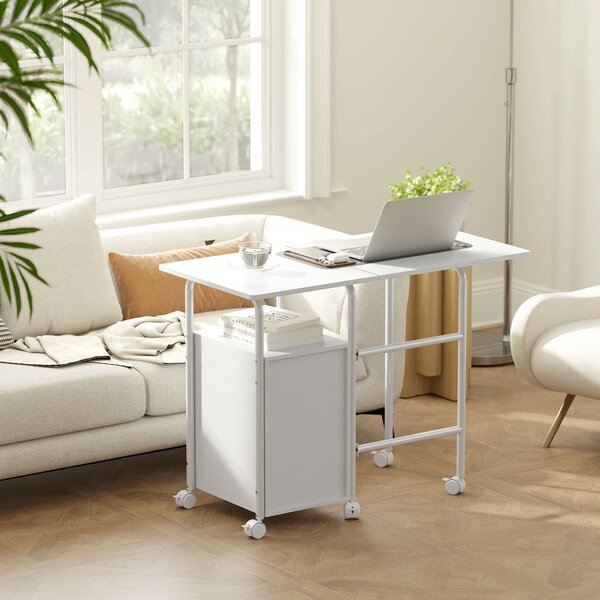 HOMCOM Scrivania per computer pieghevole su ruote, scrivania con ripiani, 3 cassetti, piano estensibile, 105x51x75,5cm, bianco | Aosom Italy