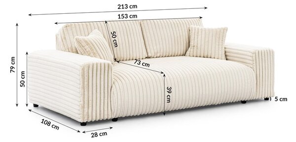 Divano color crema con rivestimento in velluto a coste 213 cm Justin – Ropez
