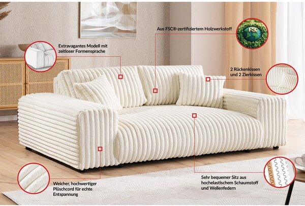 Divano color crema con rivestimento in velluto a coste 213 cm Justin – Ropez