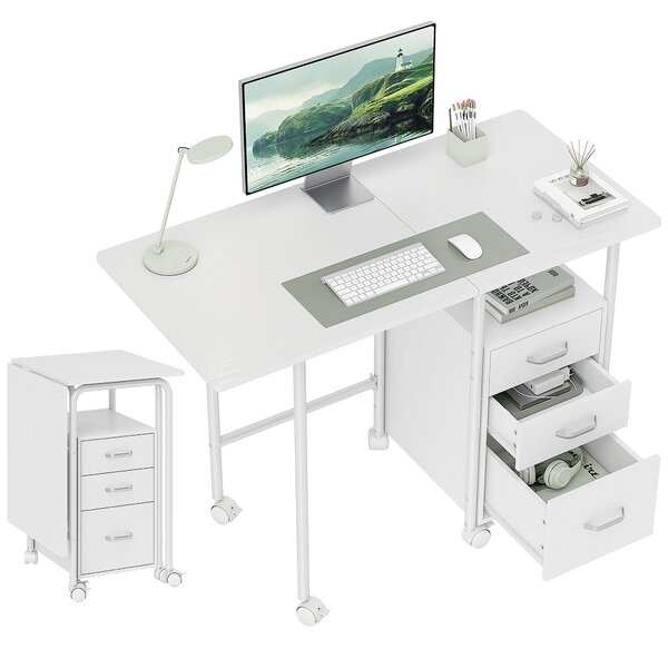 HOMCOM Scrivania per computer pieghevole su ruote, scrivania con ripiani, 3 cassetti, piano estensibile, 105x51x75,5cm, bianco | Aosom Italy