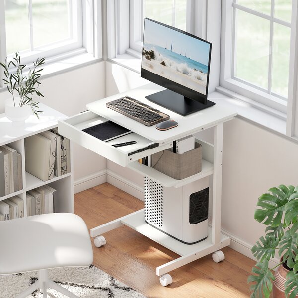 HOMCOM Scrivania per computer con ruote, scrivania con vani 56 x 51 cm con cassetto, compartimento e supporto CPU, bianco | Aosom Italy