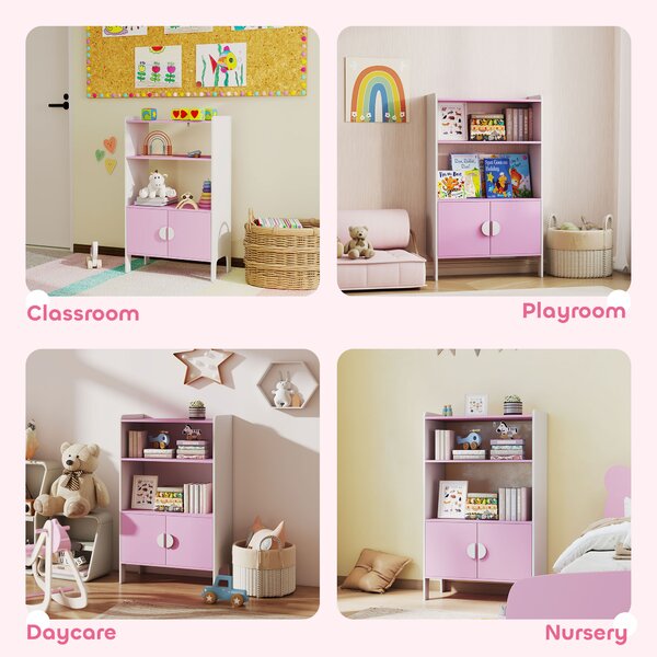 AIYAPLAY Libreria per bambini, 2 Ripiani, 2 Armadietti, autoportante, Design anti-ribaltamento, Piedini antiscivolo, MDF, Rosa+bianco | Aosom Italy
