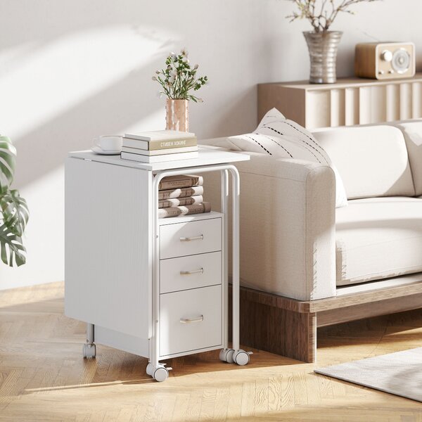 HOMCOM Scrivania per computer pieghevole su ruote, scrivania con ripiani, 3 cassetti, piano estensibile, 105x51x75,5cm, bianco | Aosom Italy