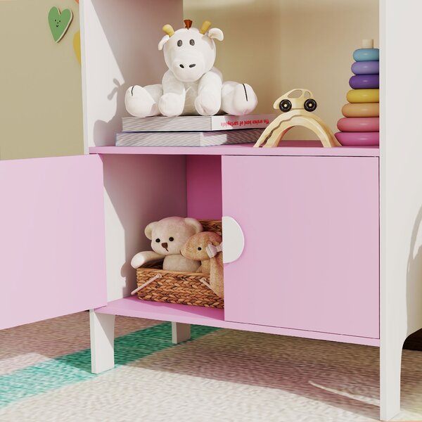 AIYAPLAY Libreria per bambini, 2 Ripiani, 2 Armadietti, autoportante, Design anti-ribaltamento, Piedini antiscivolo, MDF, Rosa+bianco | Aosom Italy