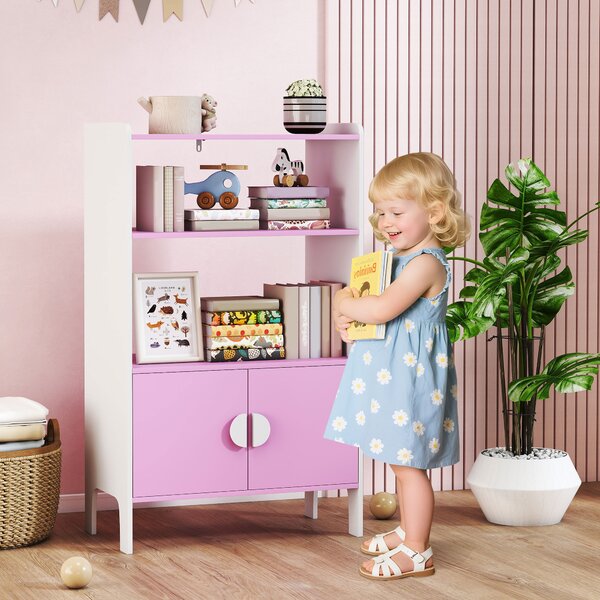 AIYAPLAY Libreria per bambini, 2 Ripiani, 2 Armadietti, autoportante, Design anti-ribaltamento, Piedini antiscivolo, MDF, Rosa+bianco | Aosom Italy