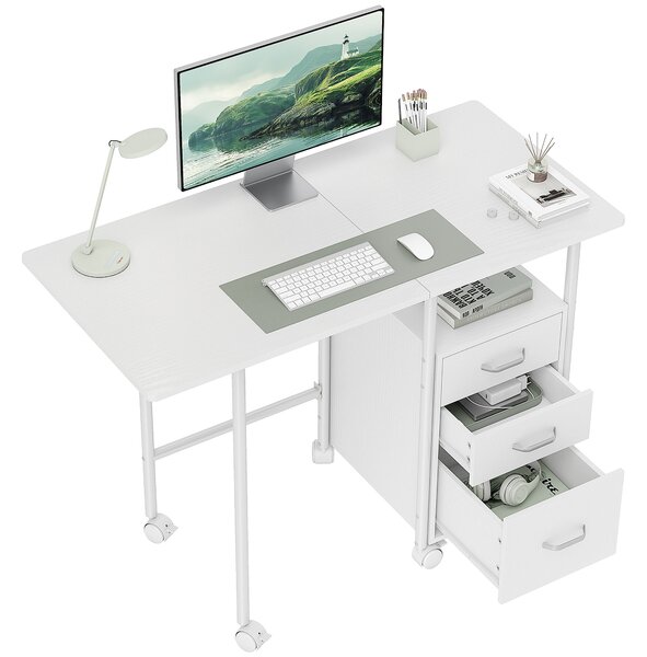 HOMCOM Scrivania per computer pieghevole su ruote, scrivania con ripiani, 3 cassetti, piano estensibile, 105x51x75,5cm, bianco | Aosom Italy