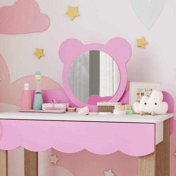 AIYAPLAY Set Frisiertisch con Sgabello per Bambini, Specchio da Trucco, Design Orsetto, Cassetto, MDF, Rosa | Aosom Italy