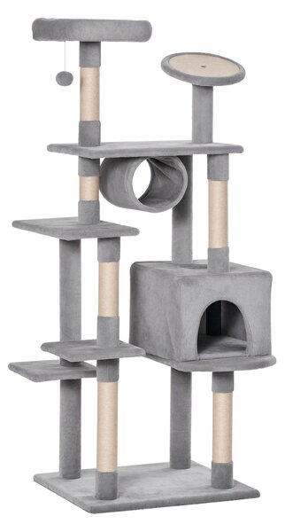PawHut Tiragraffi per Gatti a Diversi Livelli, Rivestito in Peluche, Pali in Sisal, Alto 165cm, Grigio Chiaro | Aosom