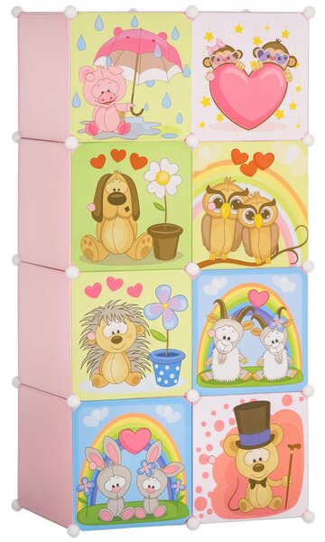 HOMCOM Mobile Scarpiera Modulare Salvaspazio con Disegni Animali per Interni, 8 Cubi 35x45x35cm in Plastica PP e Acciaio, 74x47x144cm, Rosa|Aosom