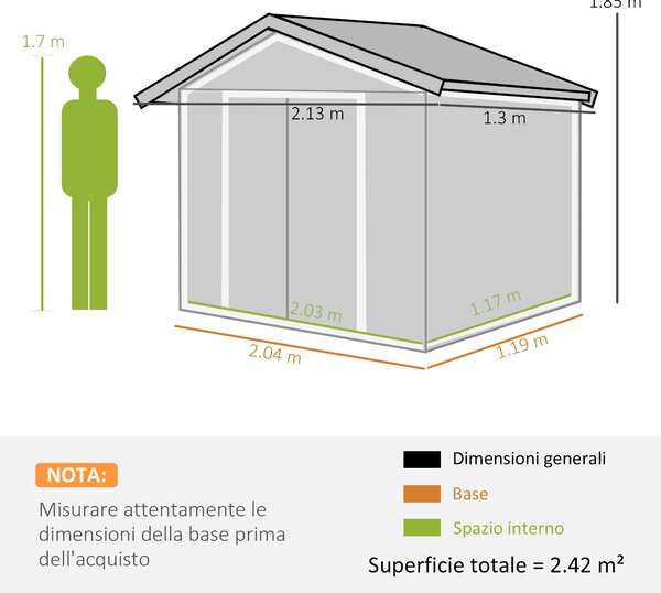 Outsunny Casetta da Giardino Porta Utensili in Lamiera con Porte Scorrevoli, 213x130x185cm, Verde|Aosom