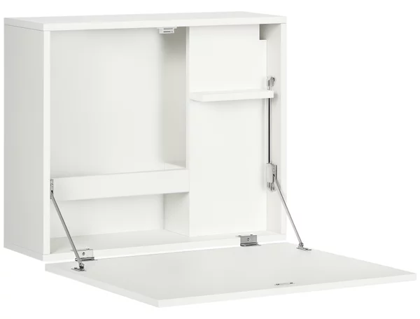 HOMCOM Scrivania a Muro Pieghevole e Salvaspazio con Ripiani, per Studio, Soggiorno e Ufficio, in Truciolato e MDF, 60x21.5x50 cm, Bianco|Aosom