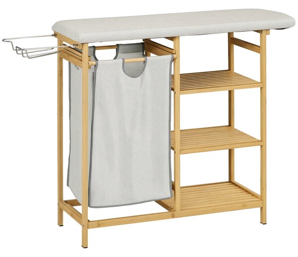 HOMCOM Cestino Portabiancheria in Bambù e Poliestere con Asse da Stiro e Ripiano a 3 Livelli, 113x34x82 cm