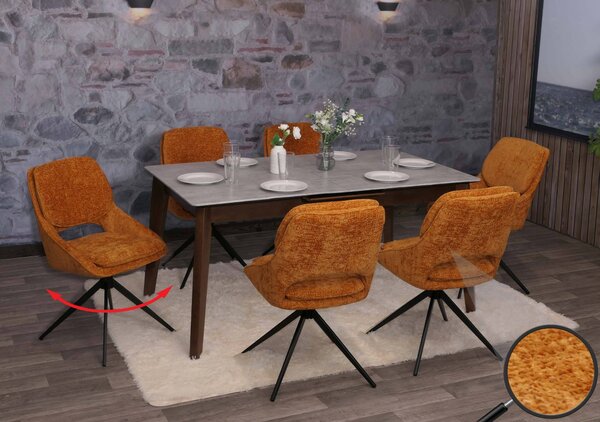 Set di 6 sedie da pranzo HWC-N73, sedia da cucina, girevole a ritorno automatico, tessuto/ceniglia (490g/m²) Oeko-Tex ~ giallo ocra