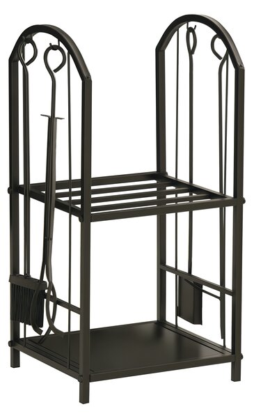 Outsunny Portalegna per Camino a 2 Ripiani in Metallo con Paletta, Porta legna con Scopa, Attizzatoio e Pinza, 41.5x32.5x74.5 cm, Nero | Aosom Italy