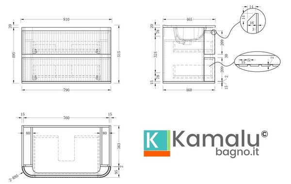 Mobile bagno 80 cannettato con lavabo incasso ceramica | KAM-NORTH-80C - KAMALU