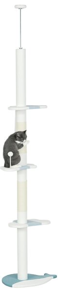 PawHut Albero Tiragraffi per Gatti a Soffitto con Palo Regolabile da 225-255 cm, Pallina e Piattaforme, Bianco | Aosom Italy