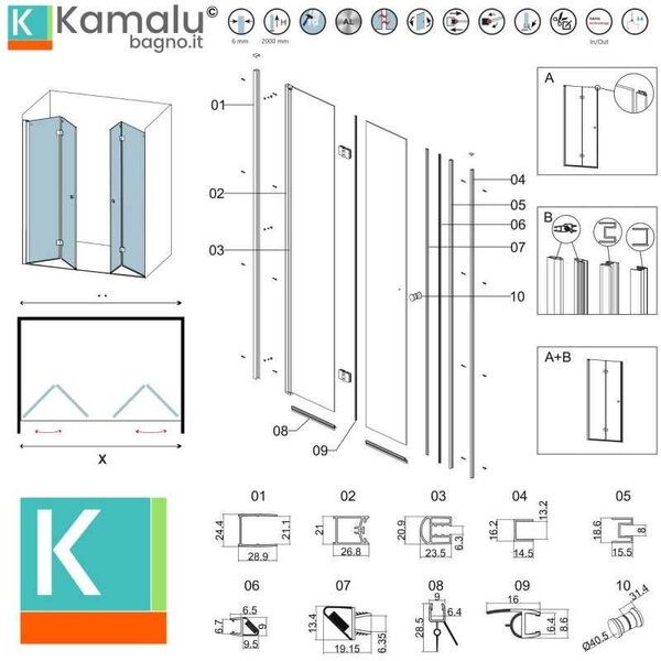 Kamalu porta doccia a doppio soffietto 110-113 cm colore nero | kam-ks700dn