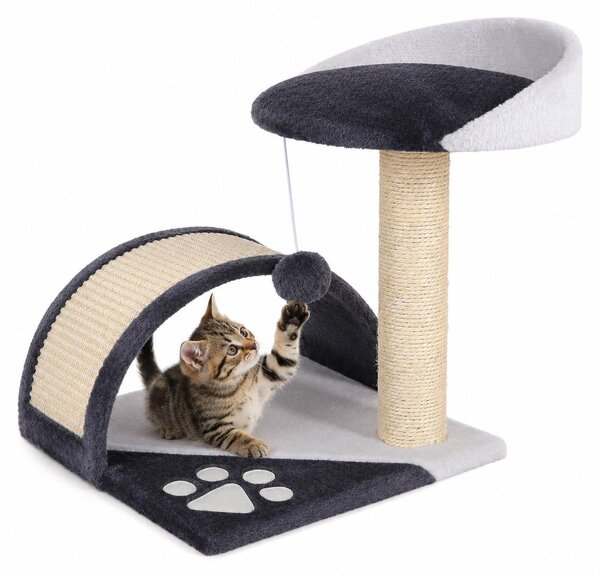 Tiragraffi compatto lionto, piccolo tiragraffi con pallina, arco tiragraffi e piattaforma di osservazione, salvaspazio, altezza 43 cm, grigio/bianco