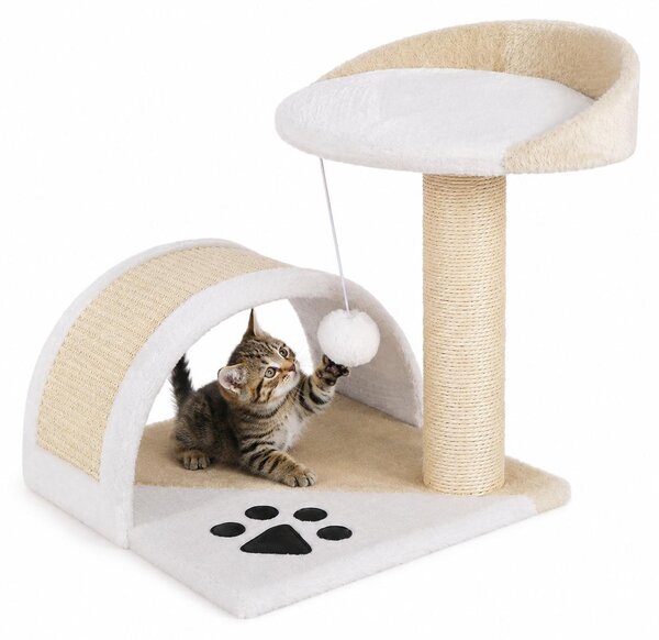 Tiragraffi compatto lionto, piccolo tiragraffi con pallina, arco tiragraffi e piattaforma di osservazione, salvaspazio, altezza 43 cm, beige/bianco