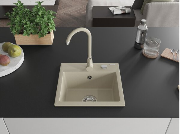 Mexen Milo lavello in granito a 1 vasca con rubinetto da cucina Telma, beige - 6505-69-670200-69
