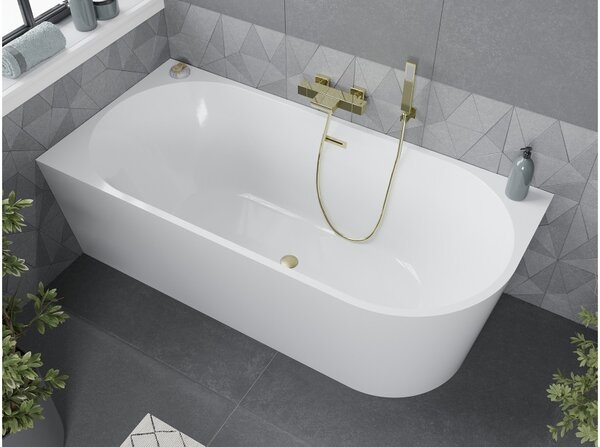 Mexen Mia vasca da bagno freestanding angolare sinistra 160 x 75 cm, bianca, troppopieno dorato spazzolato - 52691607500L-55
