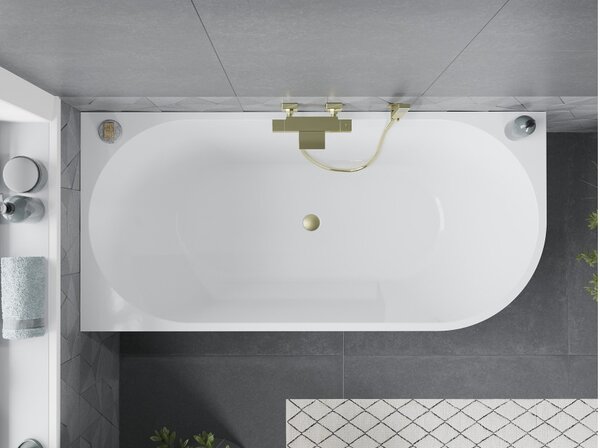 Mexen Mia vasca da bagno freestanding angolare sinistra 160 x 75 cm, bianca, troppopieno dorato spazzolato - 52691607500L-55