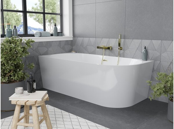Mexen Mia vasca da bagno freestanding angolare sinistra 160 x 75 cm, bianca, troppopieno dorato spazzolato - 52691607500L-55