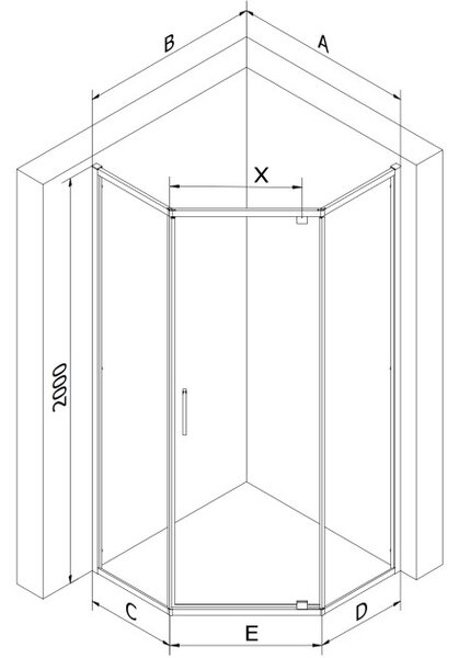 Mexen Exo cabina doccia pentagonale a battente 90 x 90 cm, trasparente, oro - 812-090-090-50-00
