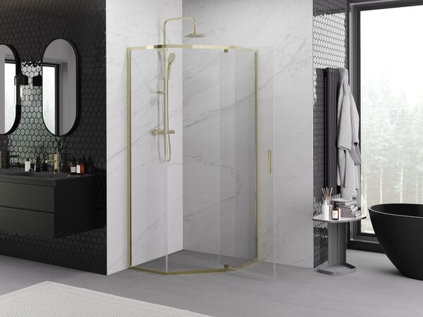 Mexen Exo cabina doccia pentagonale a battente 90 x 90 cm, trasparente, oro - 812-090-090-50-00