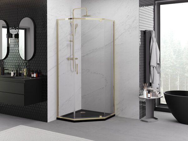 Mexen Exo cabina doccia pentagonale a battente 90 x 90 cm, trasparente, oro - 812-090-090-50-00