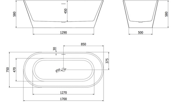 Mexen Yara vasca da bagno autoportante scanalata 170 x 75 cm, bianca, troppo pieno oro spazzolato - 52861707500-55