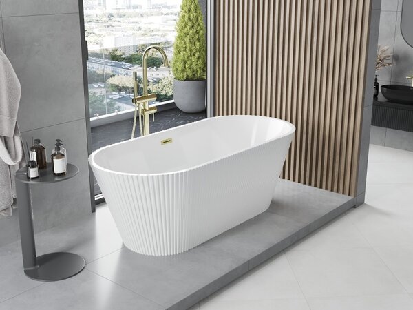Mexen Yara vasca da bagno autoportante scanalata 170 x 75 cm, bianca, troppo pieno oro spazzolato - 52861707500-55