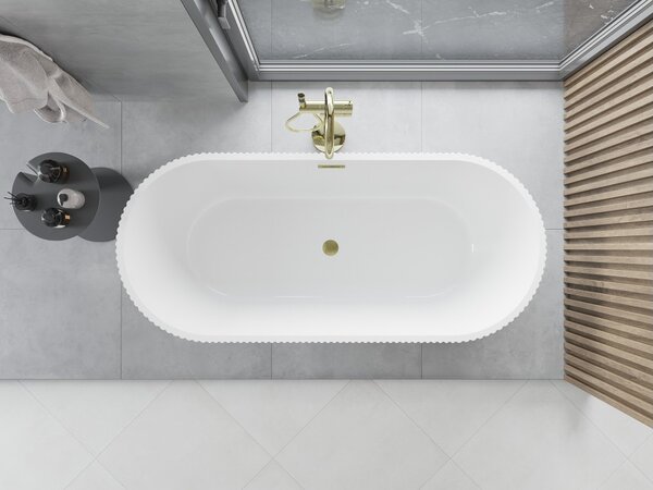 Mexen Yara vasca da bagno autoportante scanalata 170 x 75 cm, bianca, troppo pieno oro spazzolato - 52861707500-55