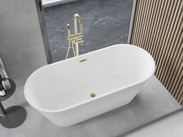 Mexen Yara vasca da bagno autoportante scanalata 170 x 75 cm, bianca, troppo pieno oro spazzolato - 52861707500-55
