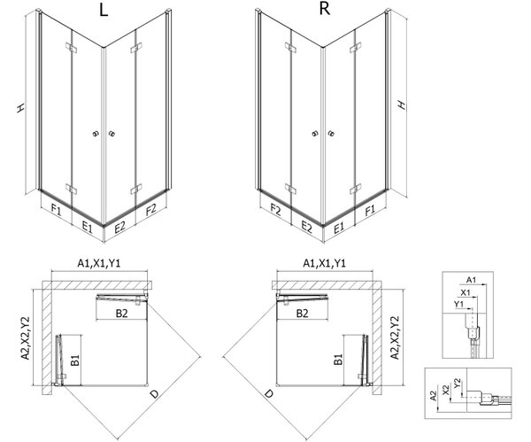Mexen Mist-F Duo cabina doccia pieghevole 90 x 90 cm, trasparente, oro spazzolato - 8A6-090L-090P-55-00