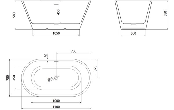 Mexen Luna vasca da bagno indipendente 140 x 75 cm, bianca, troppopieno nero - 52031407500-70