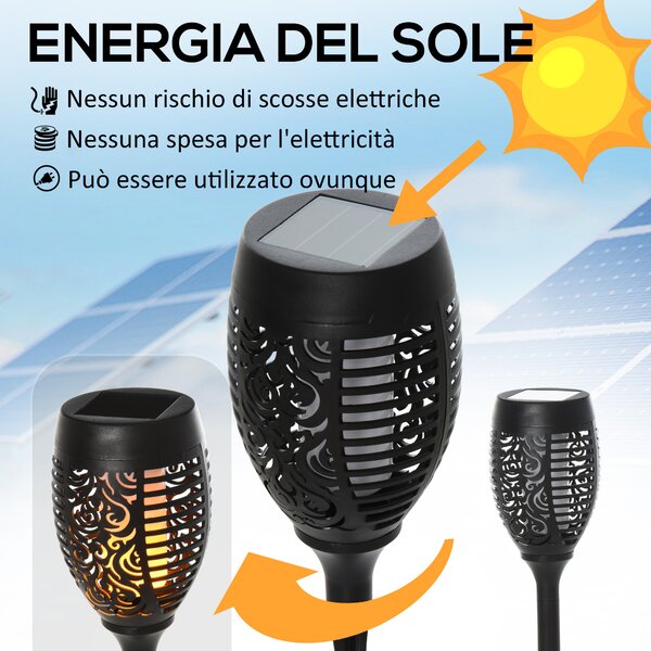 Outsunny Set 4 Faretti da Esterno LED a Energia Solare con 4 Picchetti, in Plastica, Ø12x72 cm, Nero