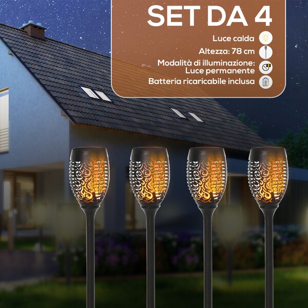 Set Di 4 Fiamme Decorative Da Giardino In Acciaio Inox, Effetto Ruggine, Altezza 32 Cm, Con Picchetti Per Terreno