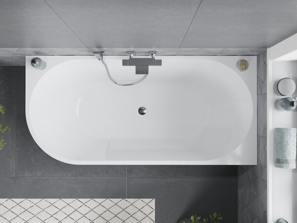 Mexen Mia vasca da bagno indipendente angolare destra 140 x 75 cm, bianca, troppopieno cromato - 52691407500P-01