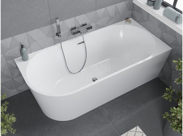 Mexen Mia vasca da bagno indipendente angolare destra 140 x 75 cm, bianca, troppopieno cromato - 52691407500P-01
