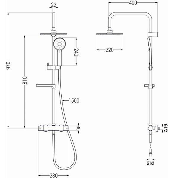 Mexen KX40 set doccia esterno con soffione e miscelatore termostatico, dorato - 771504091-50