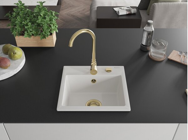 Mexen Milo lavello in granito a 1 vasca con rubinetto cucina Telma, bianco - 6505-20-670200-50