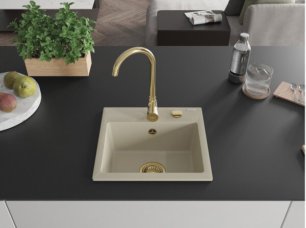Mexen Milo lavello in granito a 1 vasca con rubinetto da cucina Telma, beige - 6505-69-670200-50