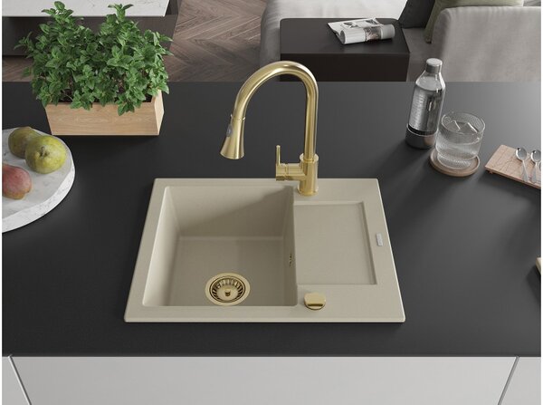 Mexen Enzo lavello in granito a 1 vasca con scolapiatti e rubinetto da cucina Elia, beige - 6506-69-670101-50