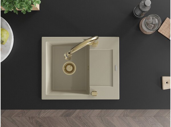 Mexen Enzo lavello in granito a 1 vasca con scolapiatti e rubinetto da cucina Elia, beige - 6506-69-670101-50
