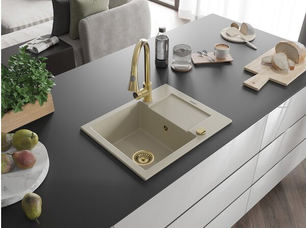 Mexen Enzo lavello in granito a 1 vasca con scolapiatti e rubinetto da cucina Elia, beige - 6506-69-670101-50