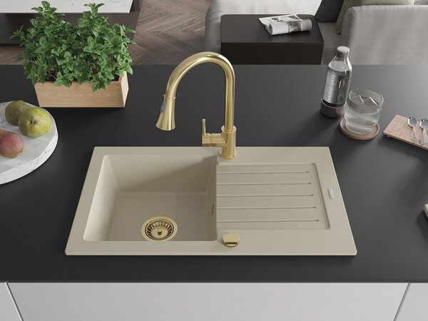 Mexen Pablo lavello in granito a 1 vasca con sgocciolatoio e rubinetto da cucina Elia, beige - 6510-69-670101-50