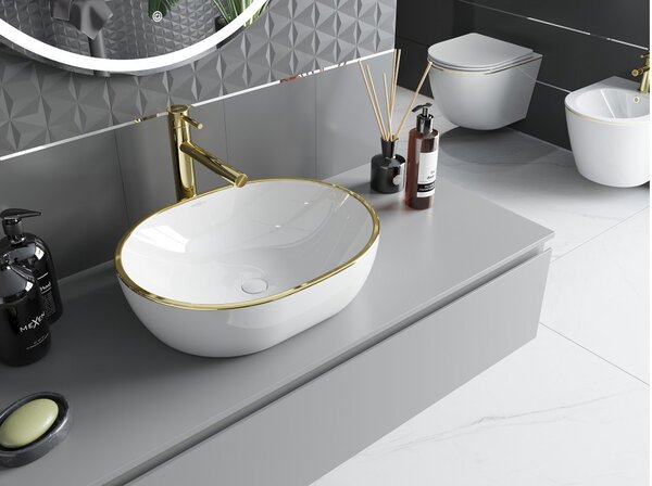 Mexen Viki lavabo da appoggio 48 x 35 cm, bianco/bordo oro - 21054805