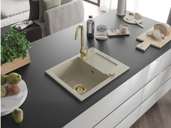 Mexen Enzo lavello da cucina in granito, 1 vasca con gocciolatoio e miscelatore Telma, beige - 6506-69-670200-50